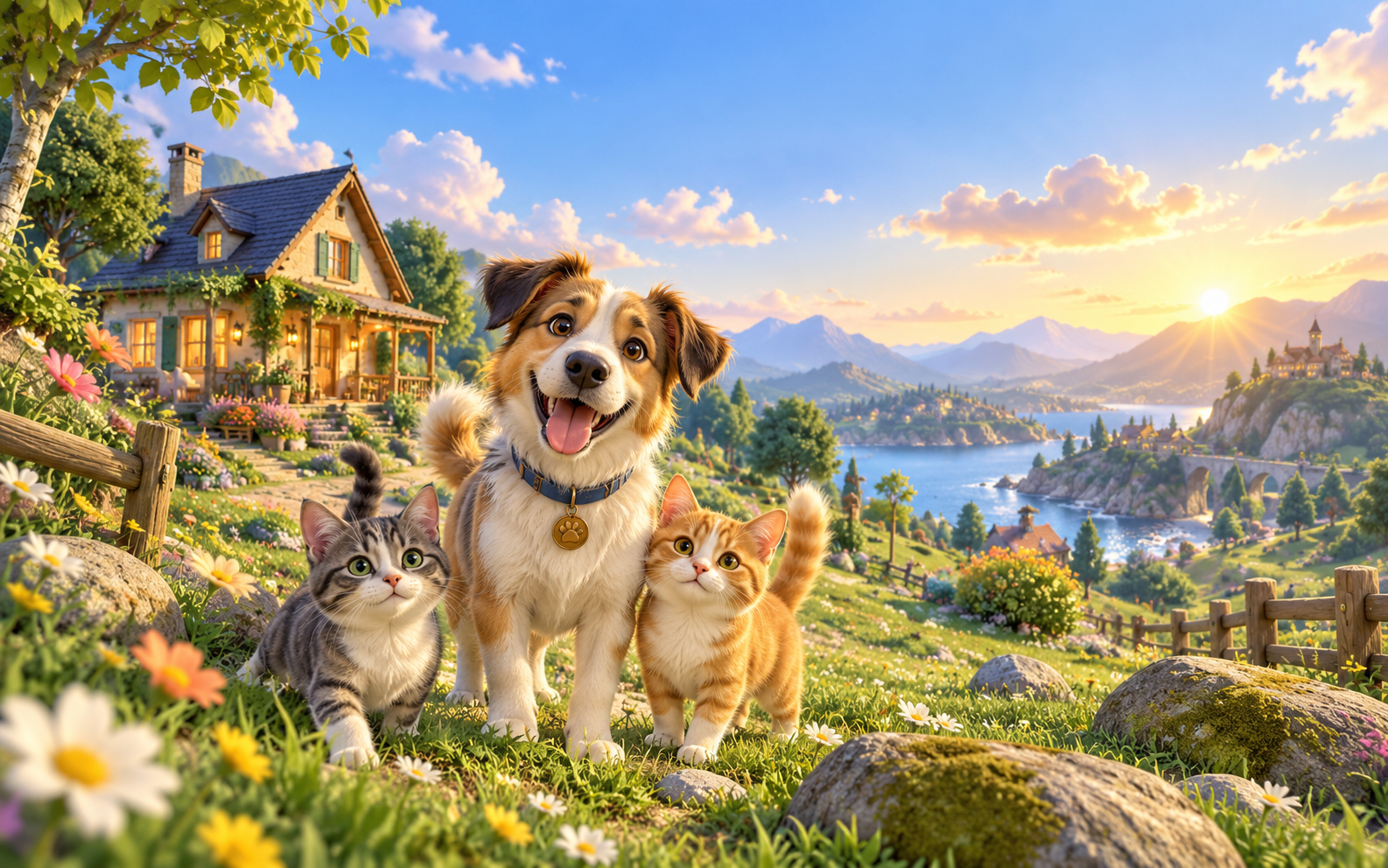 Un chien et deux chats dans un paysage lumineux, devant leur famille d’accueil